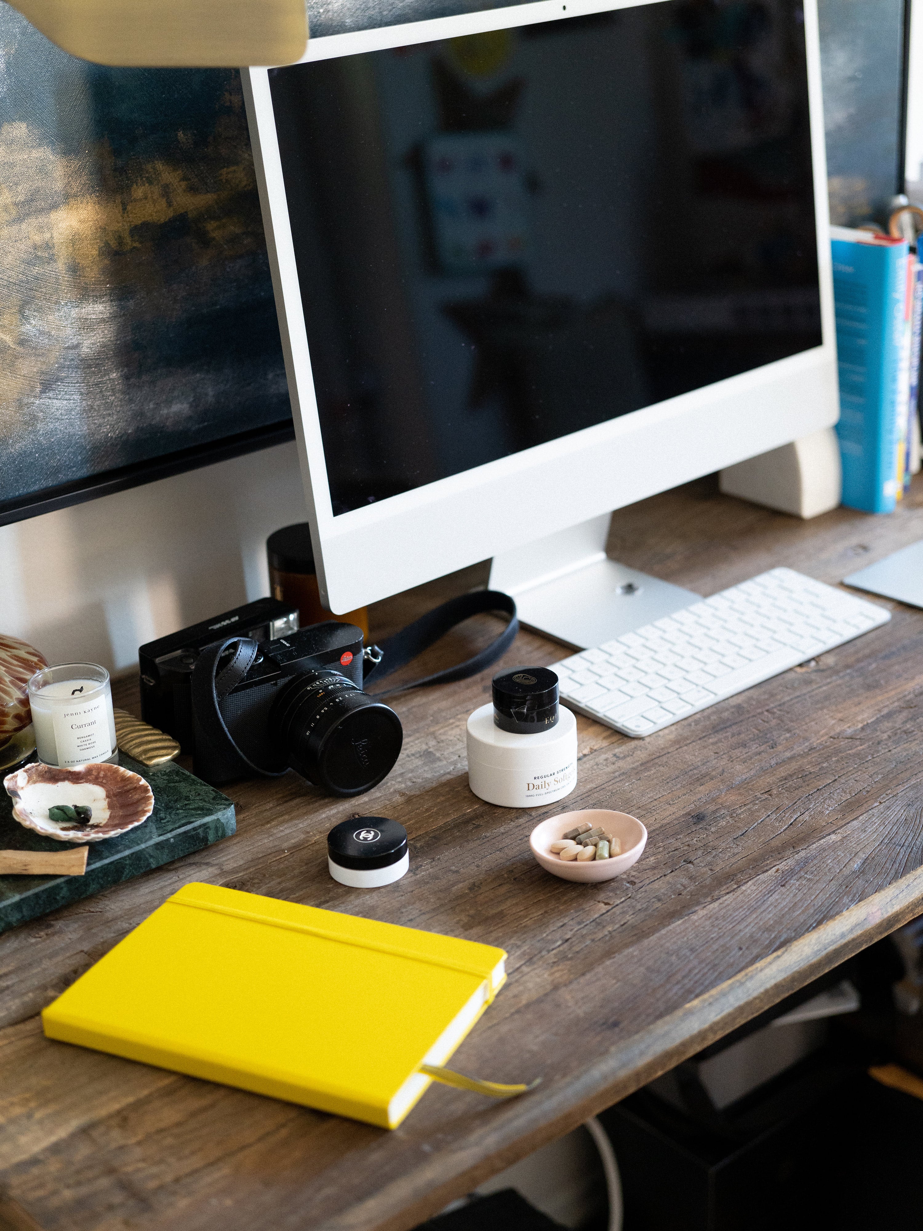 Stephanie Liu Hjelmeseth's workstation featuring a computer, camera, supplements, and notebook.