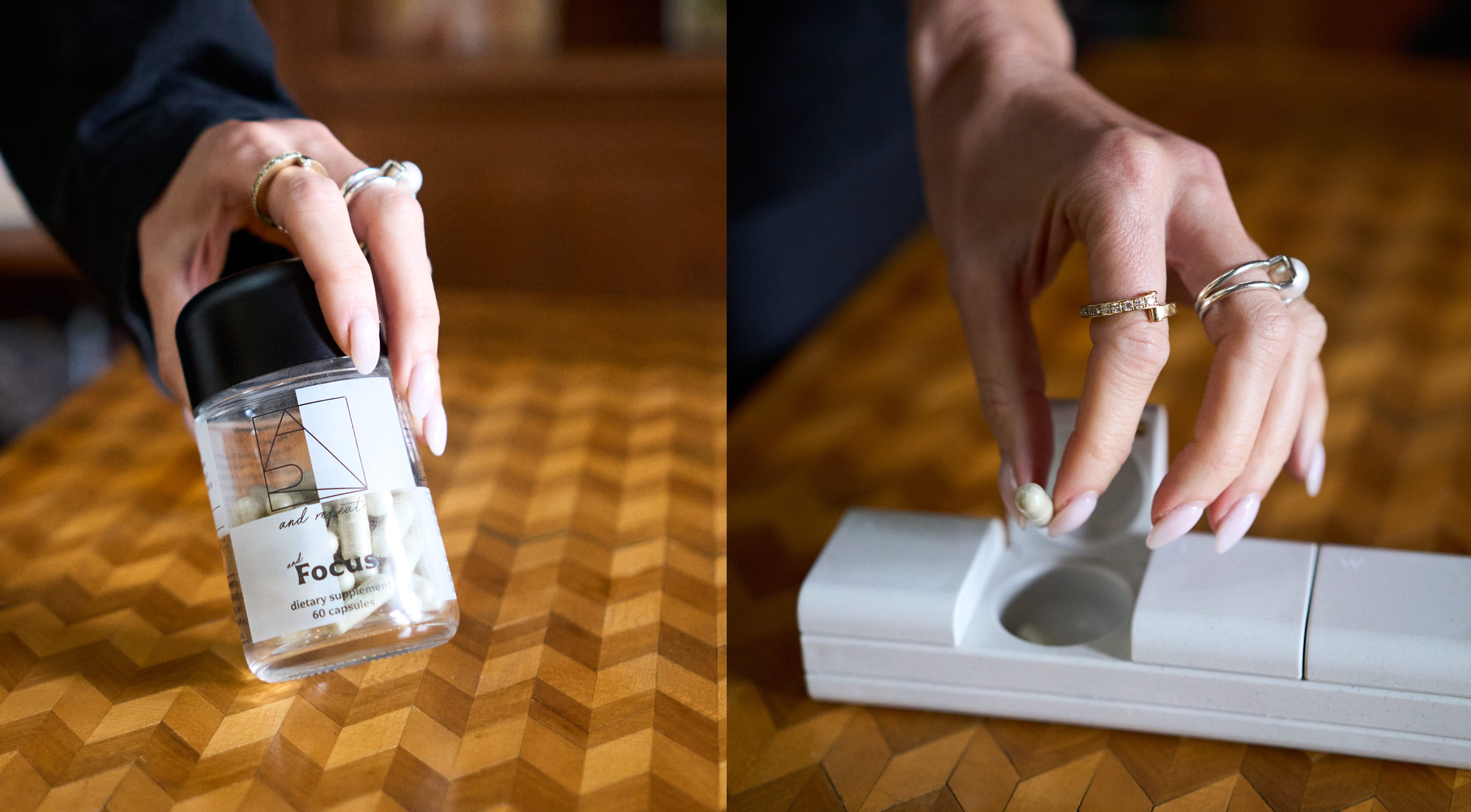 Person holding an And Repeat Focus supplement bottle and placing a capsule into an And Repeat weekly pill case.
